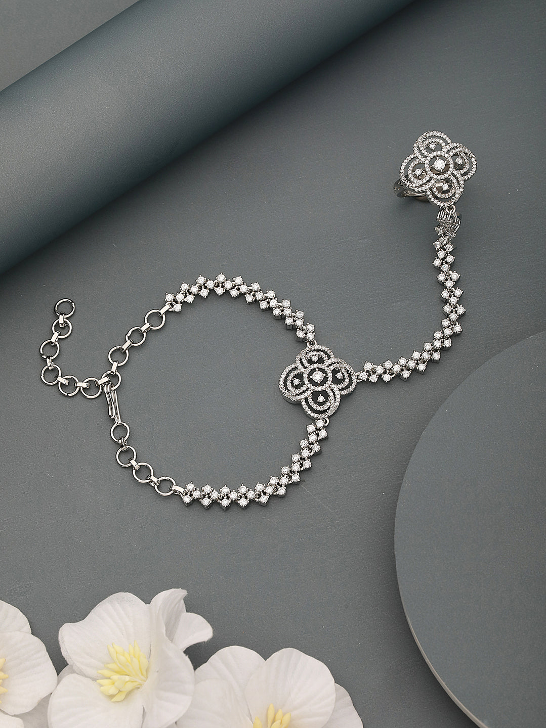 Silver Plated CZ Studded Floral Ring Bracelet Hathpool